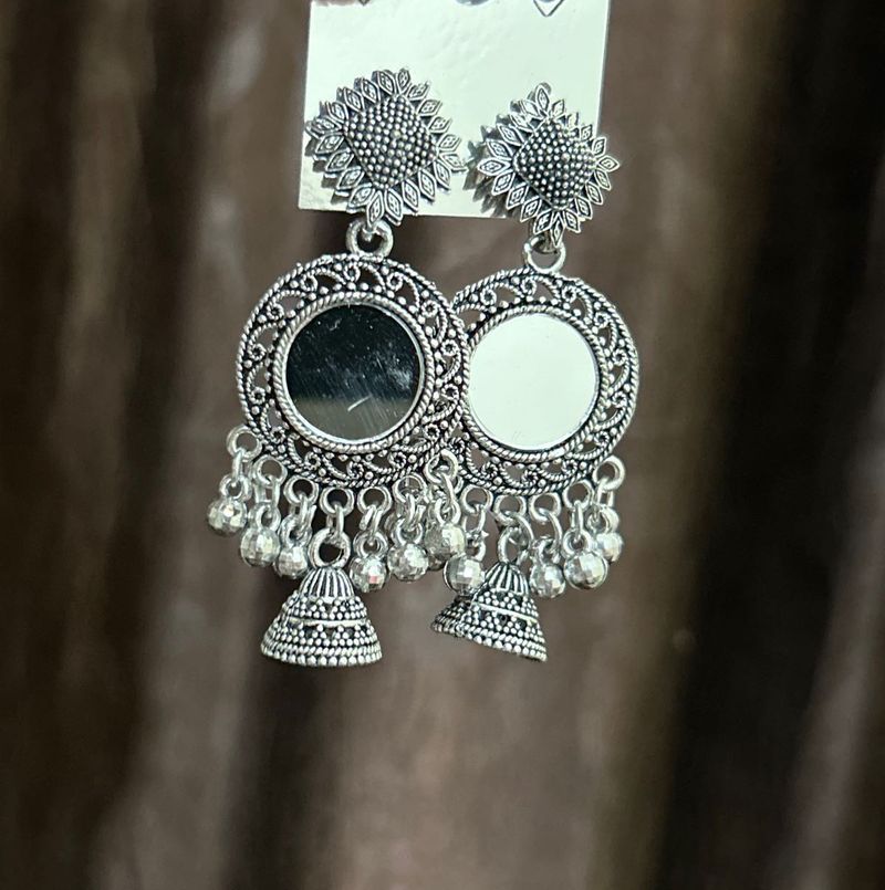 Mirror Jhumka Earrings with Bells
