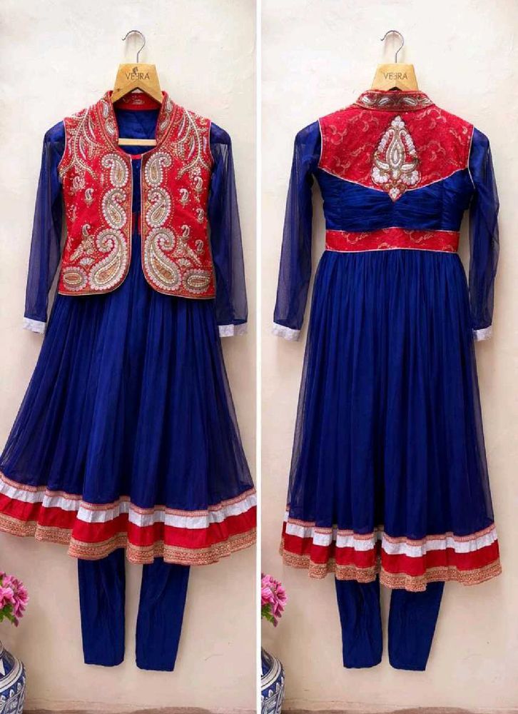 Embroidered Blue Jacket style frok set