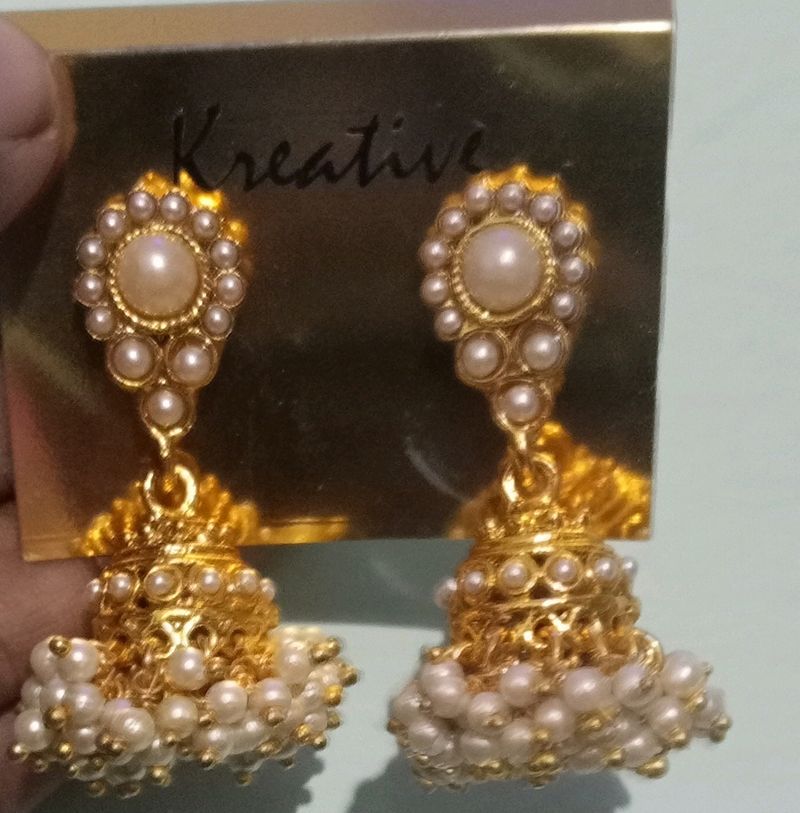 Gold Plated Stylish White Pearl Jhumka Earrings
