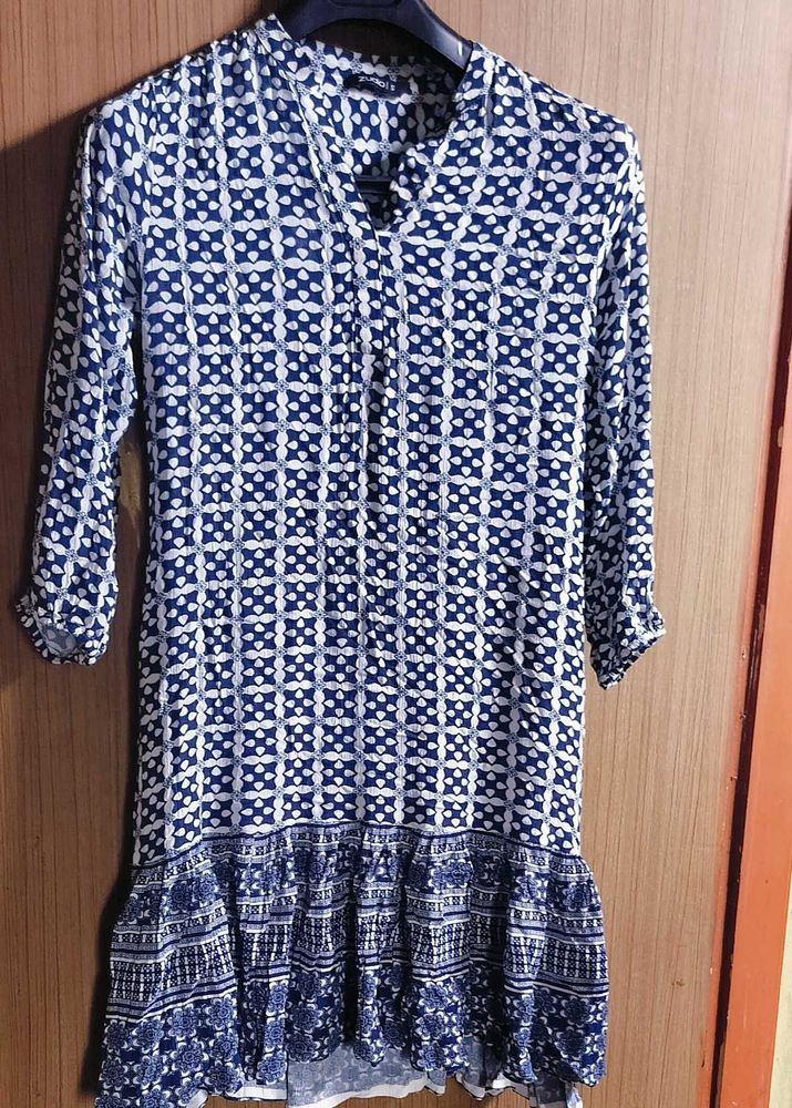 Boho Blue &amp; White Print Mini Dress