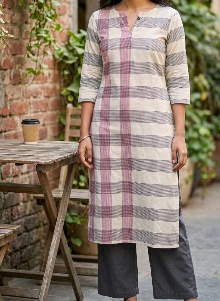 Women’s Cream &amp; Mauve Checked Long Kurti