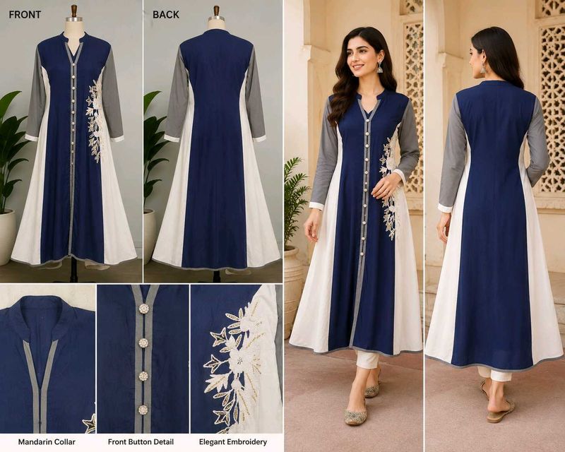 Title: Blue White Embroidered Anarkali Kurta Used