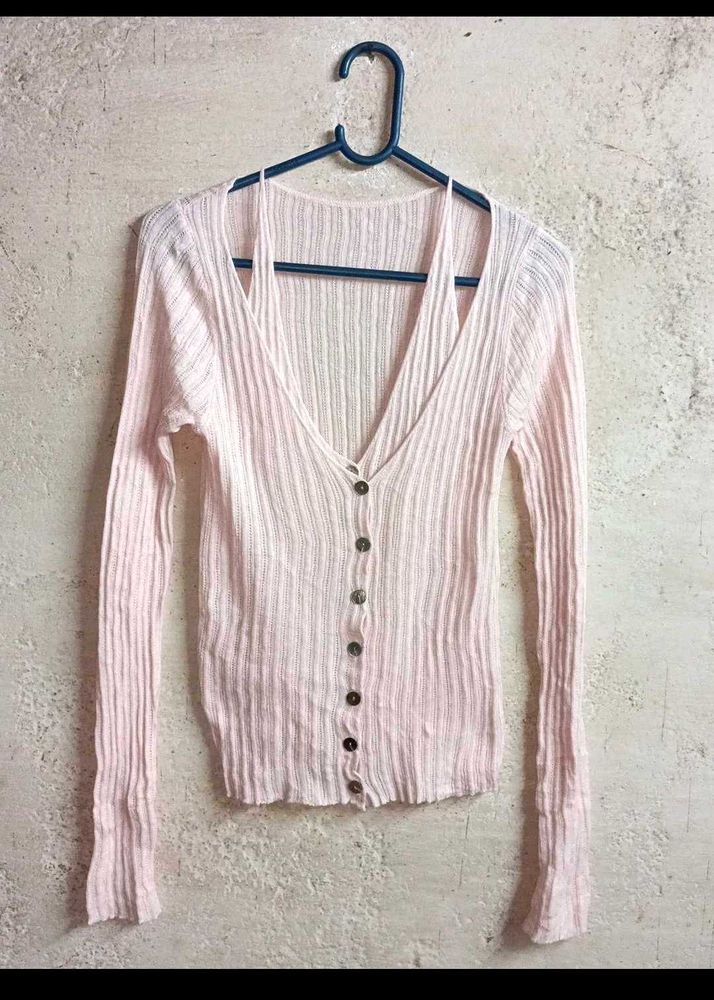 Light Pink Ribbed Button-Up Cardigan
