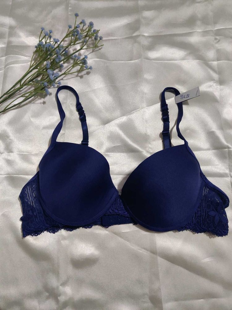 Navy Blue Lace Trim Bra