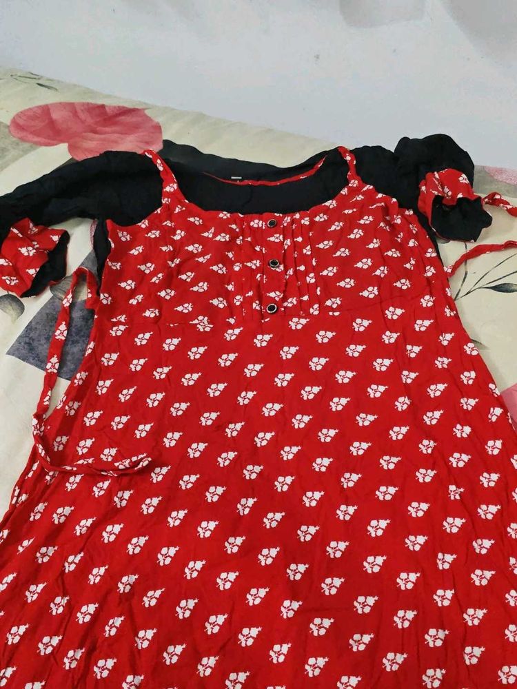 Red Floral Print Kurta