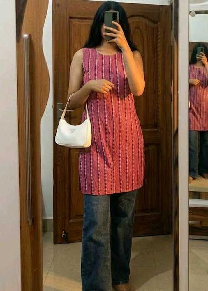 Striped Pink Sleeveless Kurta