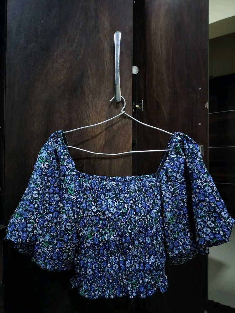 Blue Floral Smocked Puff Sleeve Top