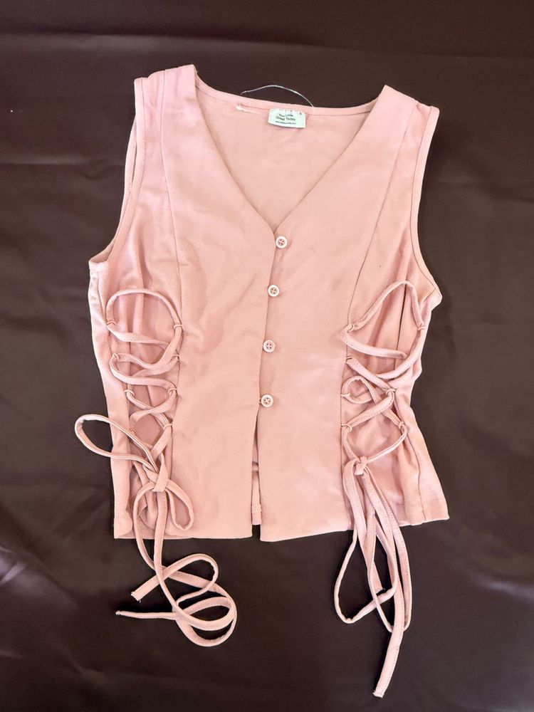 Pink Lace-Up Corset Vest Top