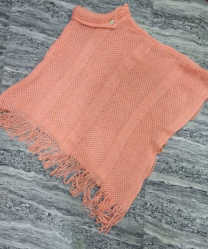 Coral Knit Poncho with Fringe