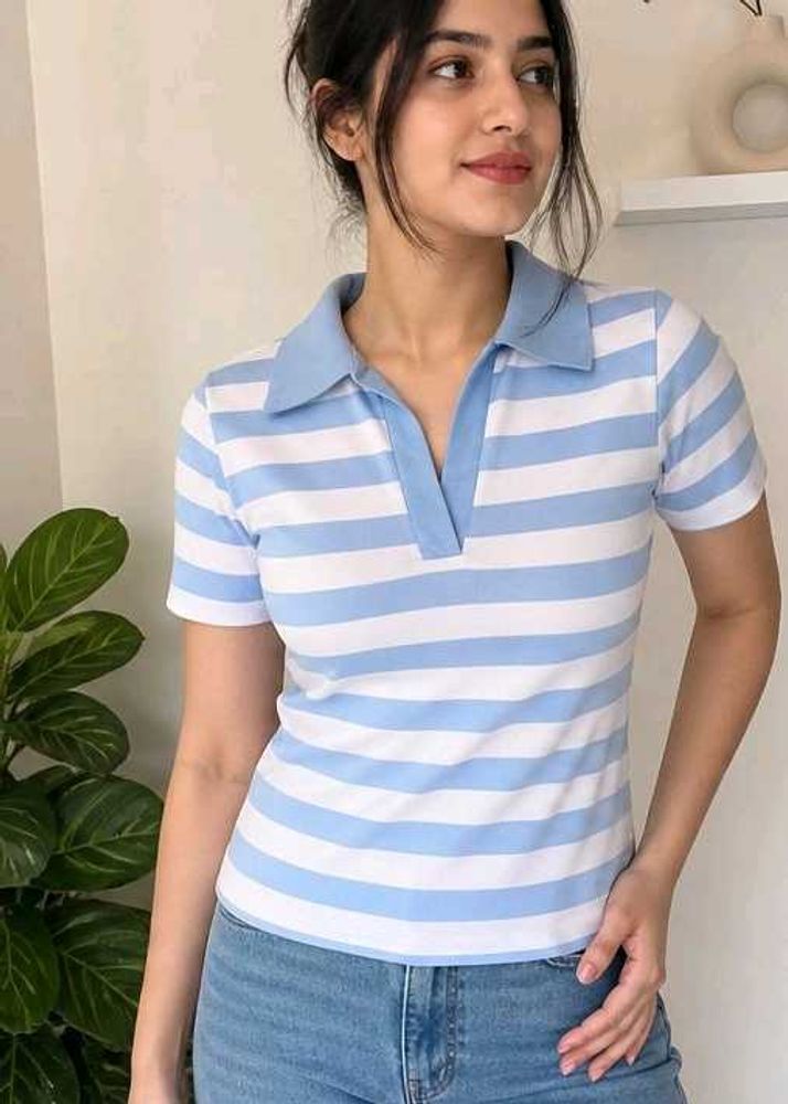 Blue &amp; White Striped Polo Top