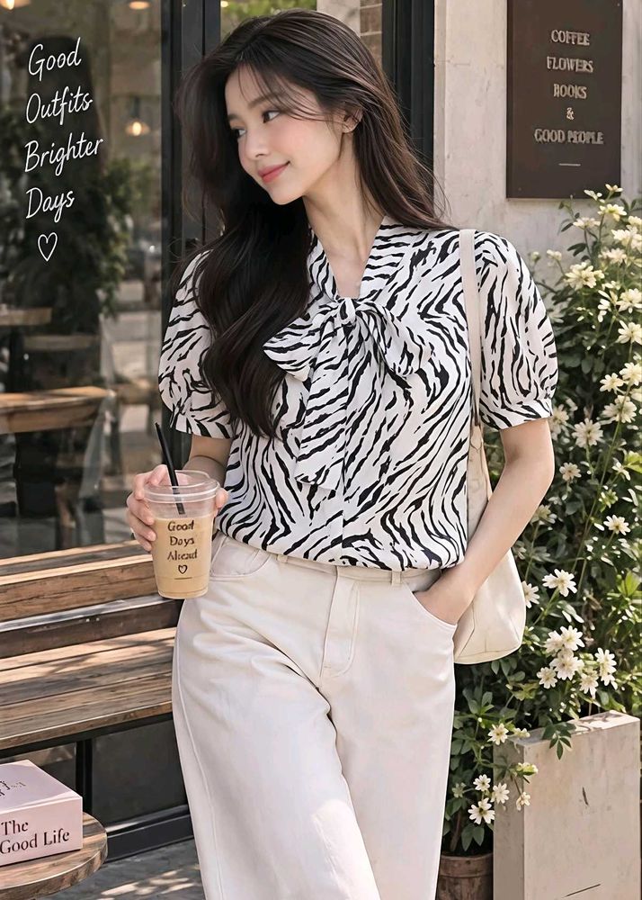 New with tag Korean Stylish Zebra Print Bow Blouse