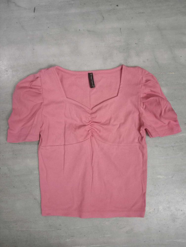 Pink Puff Sleeve Ribbed Top