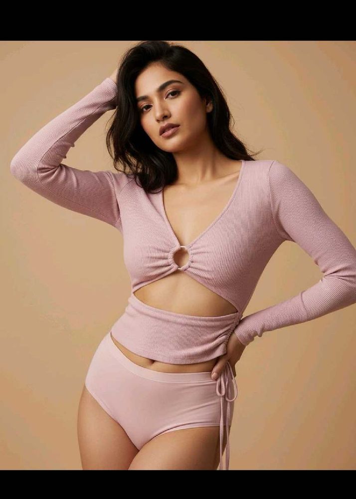 Ribbed Pink Cut-Out Long Sleeve Top &amp; Shorts Set