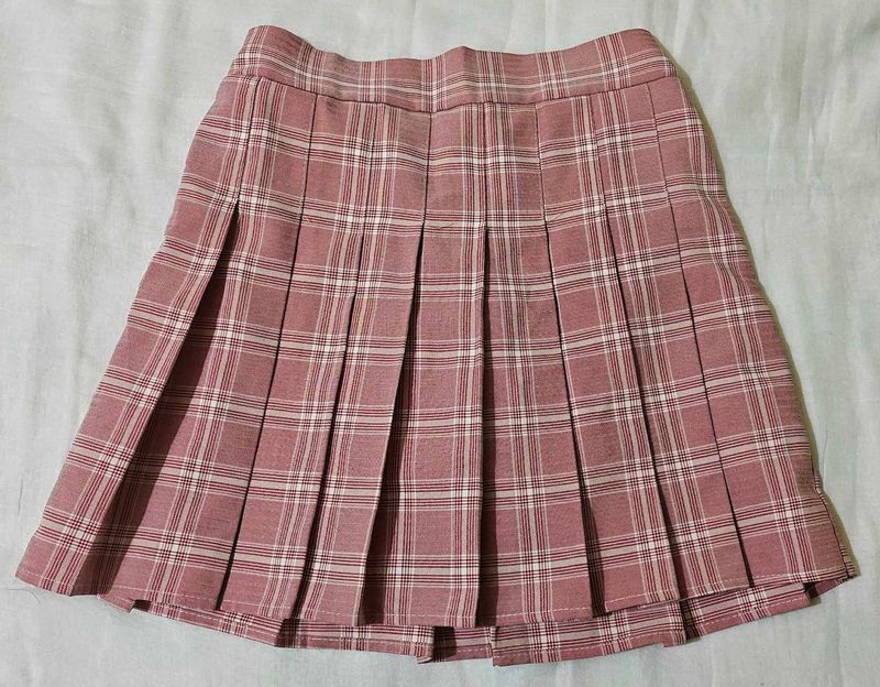 Pink Plaid Pleated Mini Skirt