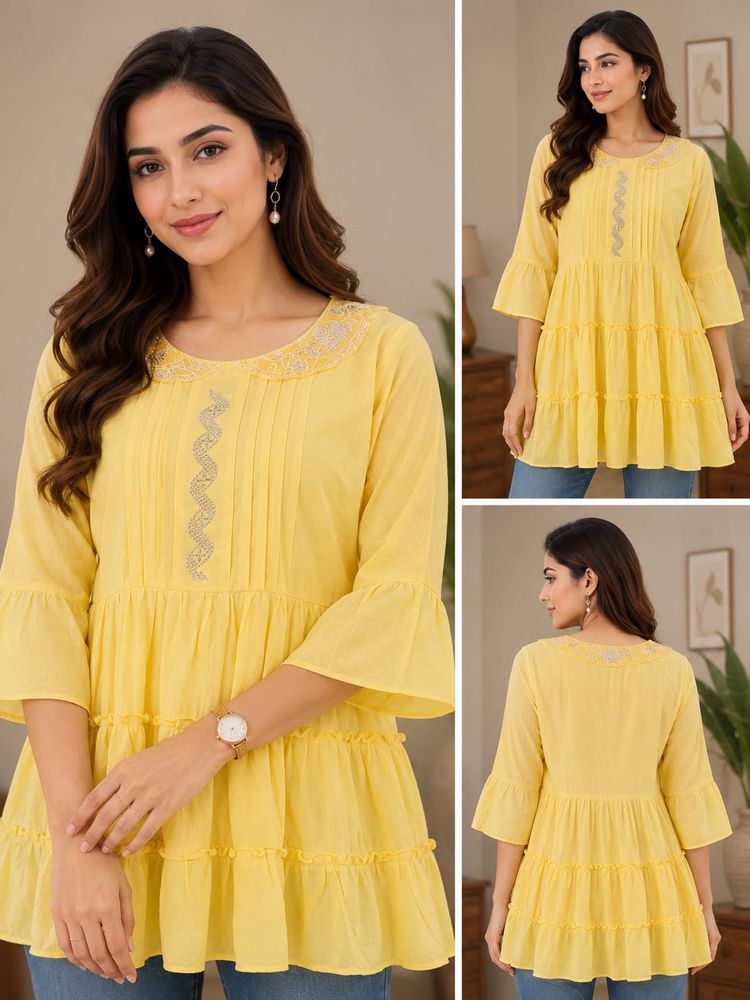 Yellow Tiered Embroidered Top