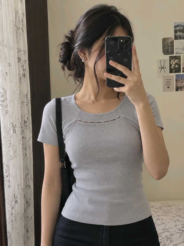 Grey Ribbed Crop T-Shirt