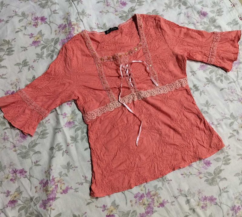 Coral Lace Trimmed Peasant Top