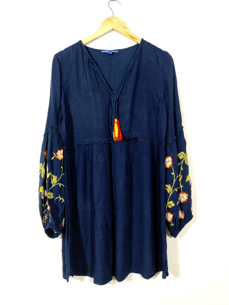 Rena Navy Blue Embroidery Printed Dress (Women)