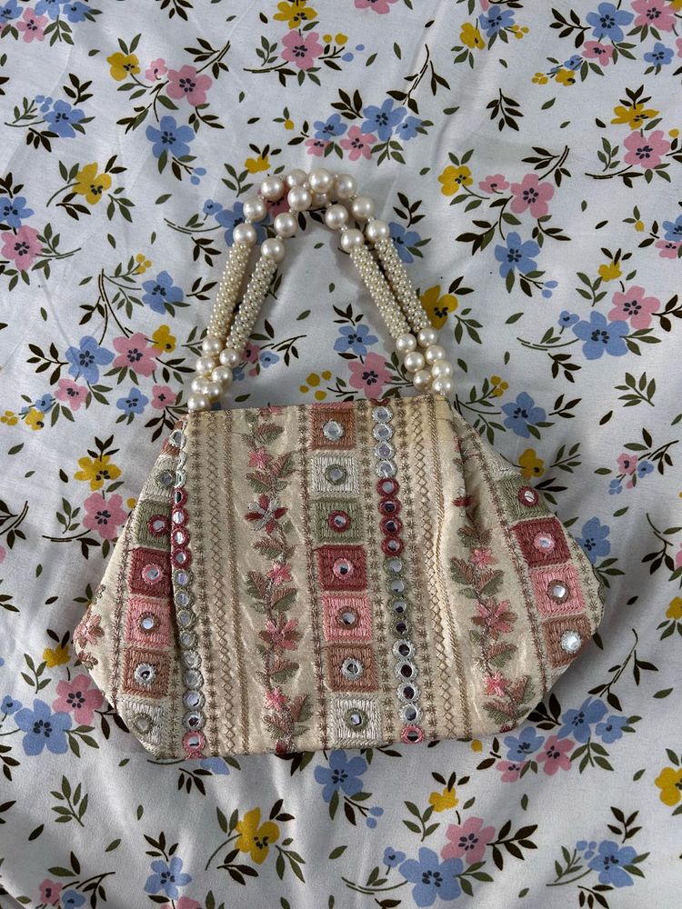 Embroidered Clutch with Pearl Handles
