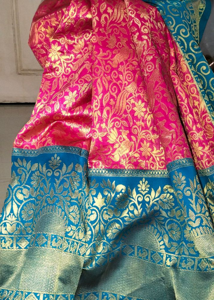 Pink &amp; Teal Blue Big Border Kanjivaram Silk Saree