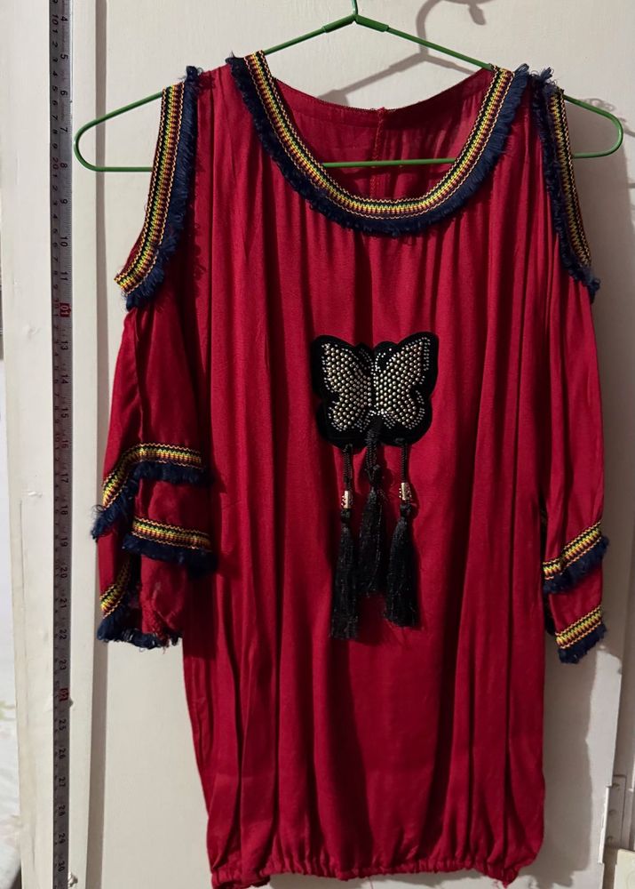 Red Cold Shoulder Top with Butterfly Embellishment
