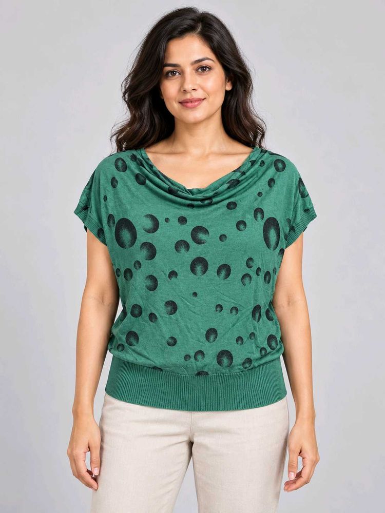 Stylish Green Top with Black Polka Dots