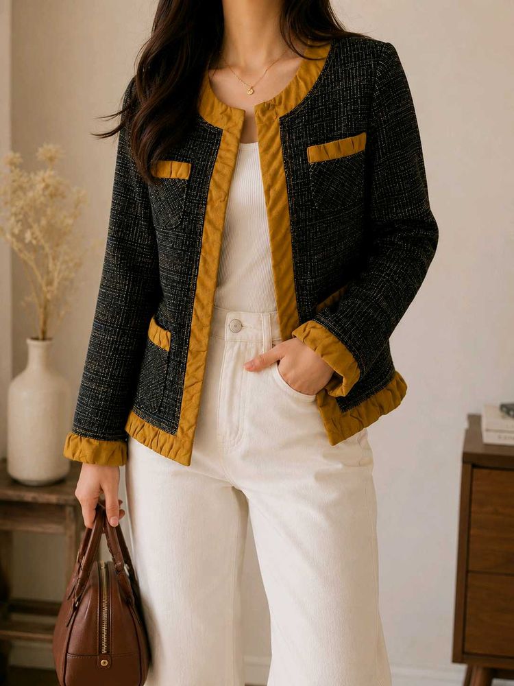Stylish Tweed Jacket with Mustard Trim