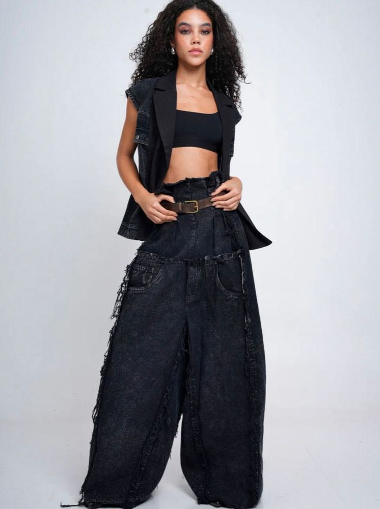 Edgy Black Wide-Leg Jeans with Fringe Detail