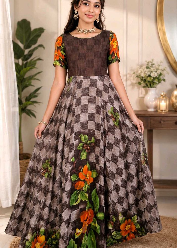 Beautiful brown floral long frock ♥️