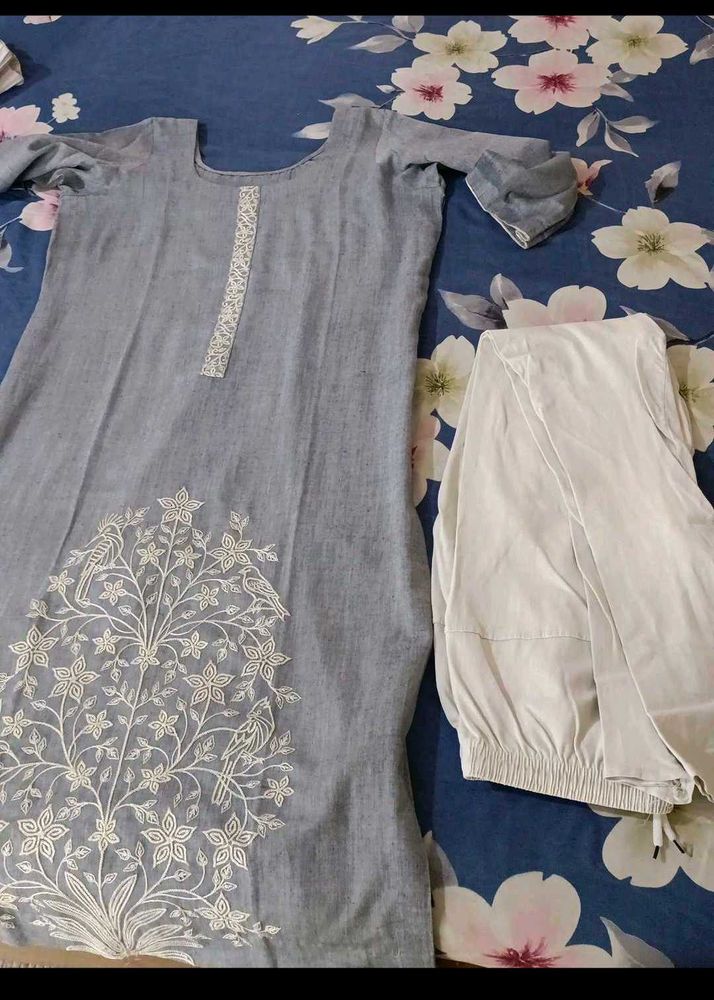 Beautifully Embroidered Grey Kurta Set