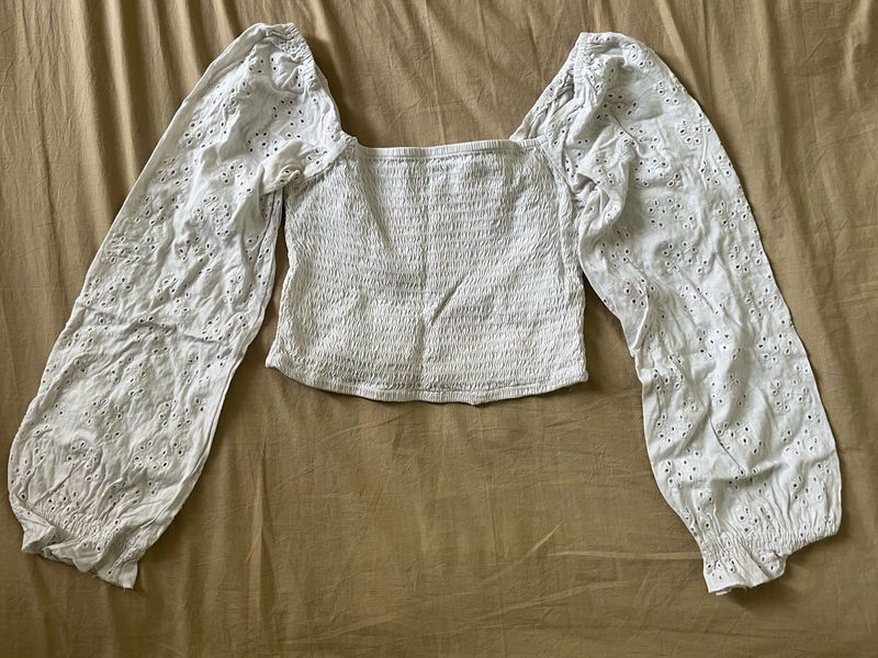 White Eyelet Puff Sleeve Smocked Top