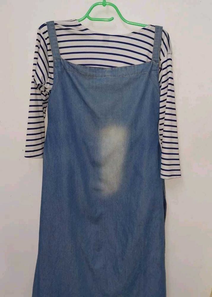 Denim Pinafore Dress with Striped Top