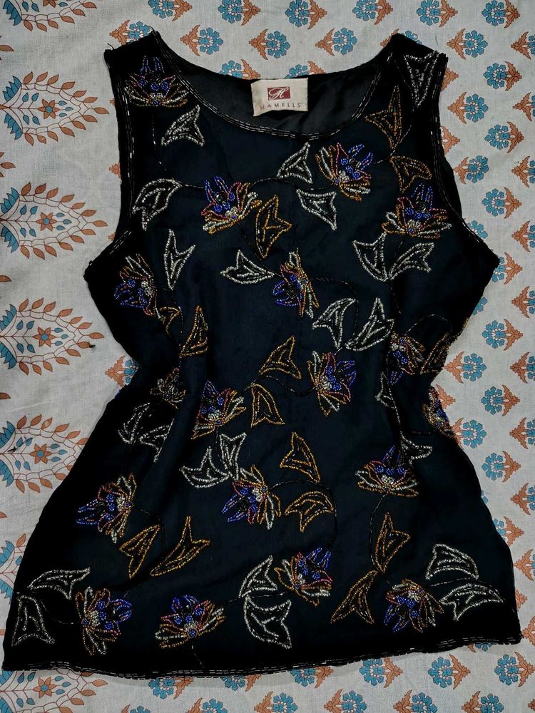 Sparkling Floral Black Beaded Y2K Top