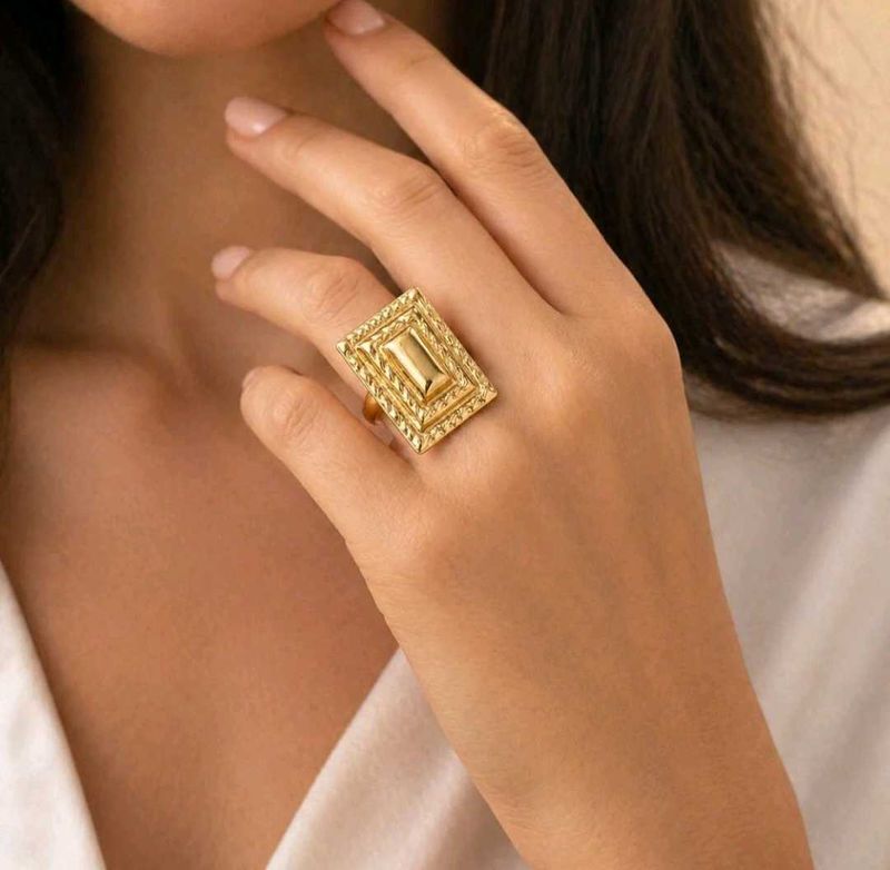 Anti Tarnish Gold Rectangle Statement Ring