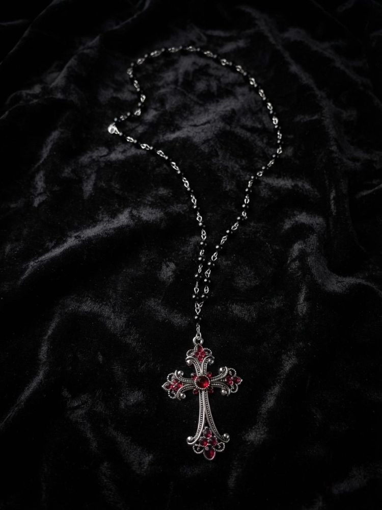 Gothic Cross Necklace with Red Jewels