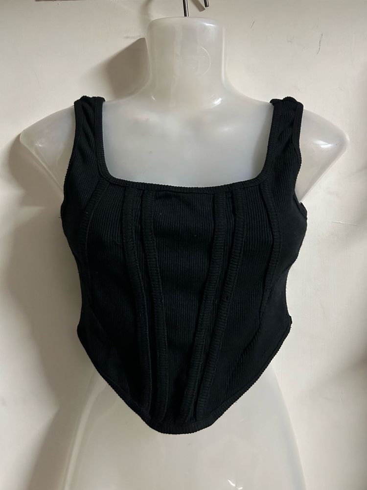 Chic Black Ribbed Corset Top