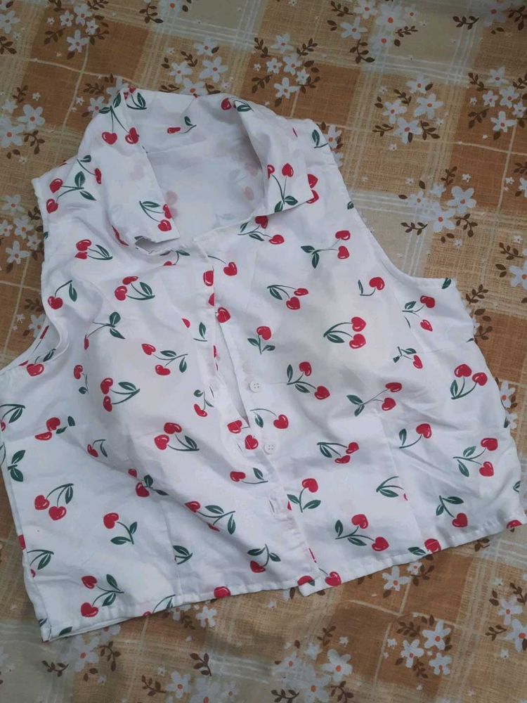cute korean cherry crop shirt type top white