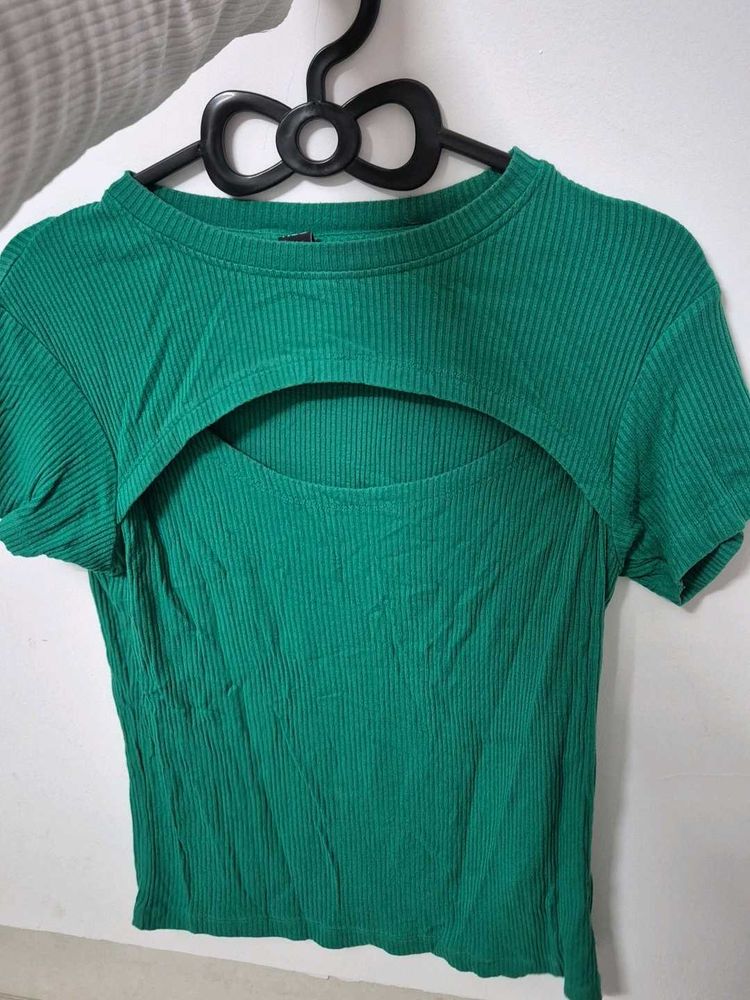 Green Ribbed Cut-out Top