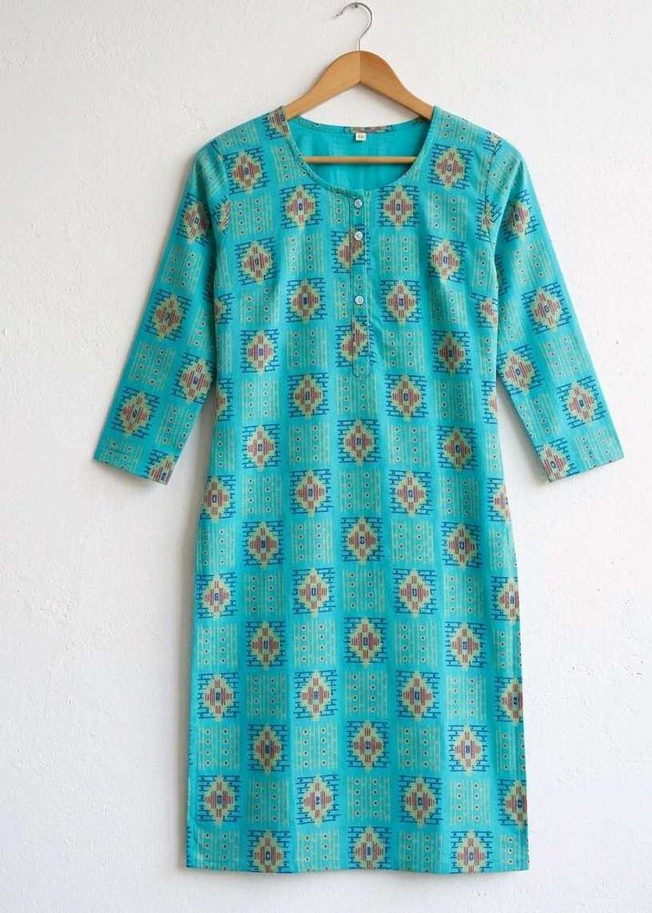 Turquoise Blue Geometric Ikat Print Straight Kurti