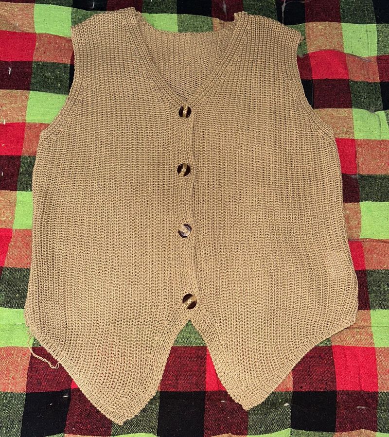 Tan Knit Button-Up Vest