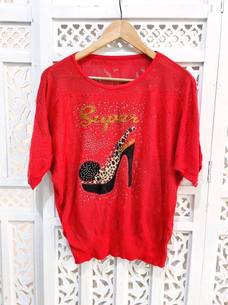 Oversized Red Glam Leopard Heels Tee B