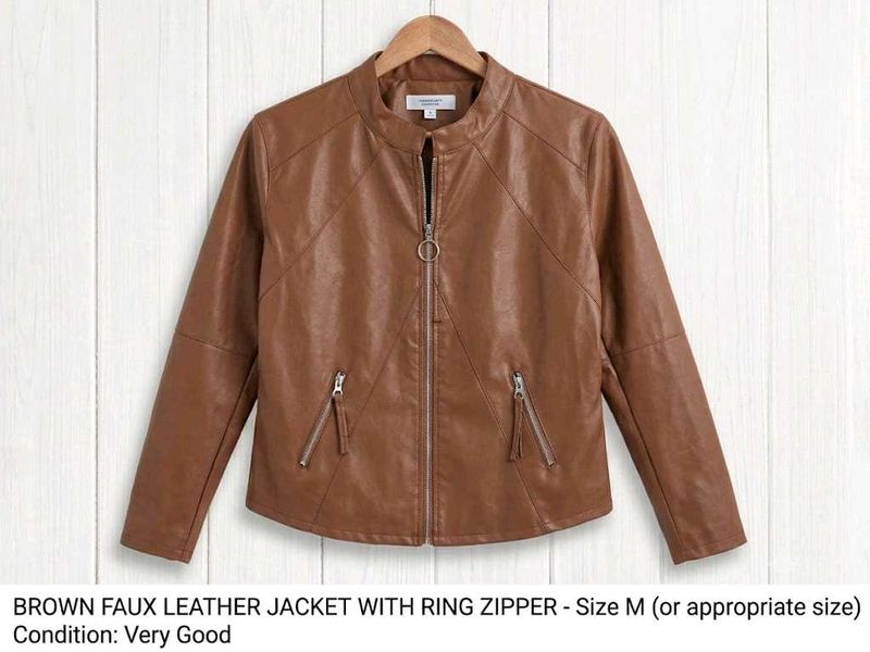 Brown Faux Leather Jacket with Ring Zipper