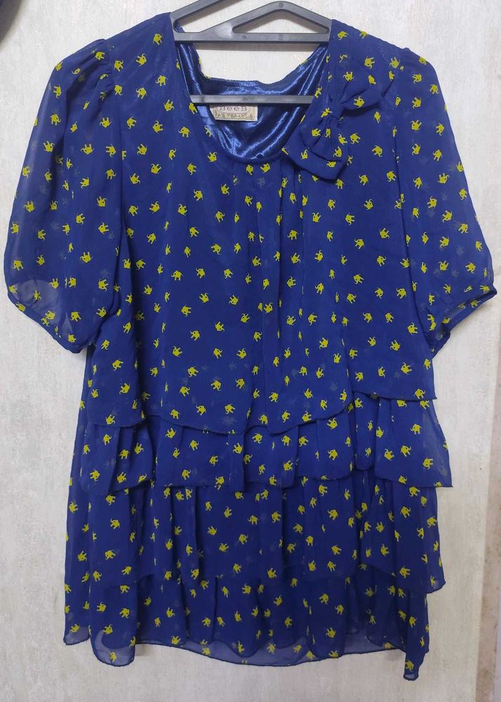 Boho Elephant Print Blue Top With Bow