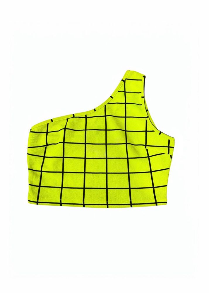 SHEIN Neon Green One Shoulder Grid Print Crop Top