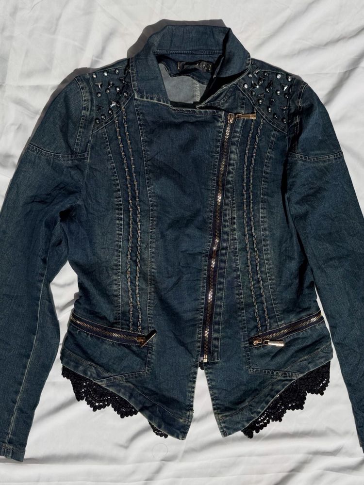 Studded Denim Jacket with Lace Trim