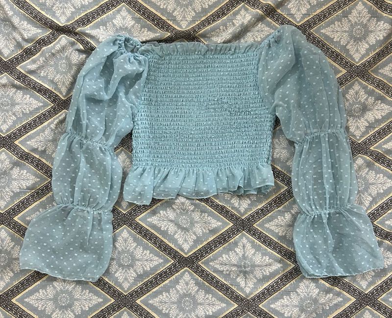 Sheer Puff Sleeve Smocked Crop Top