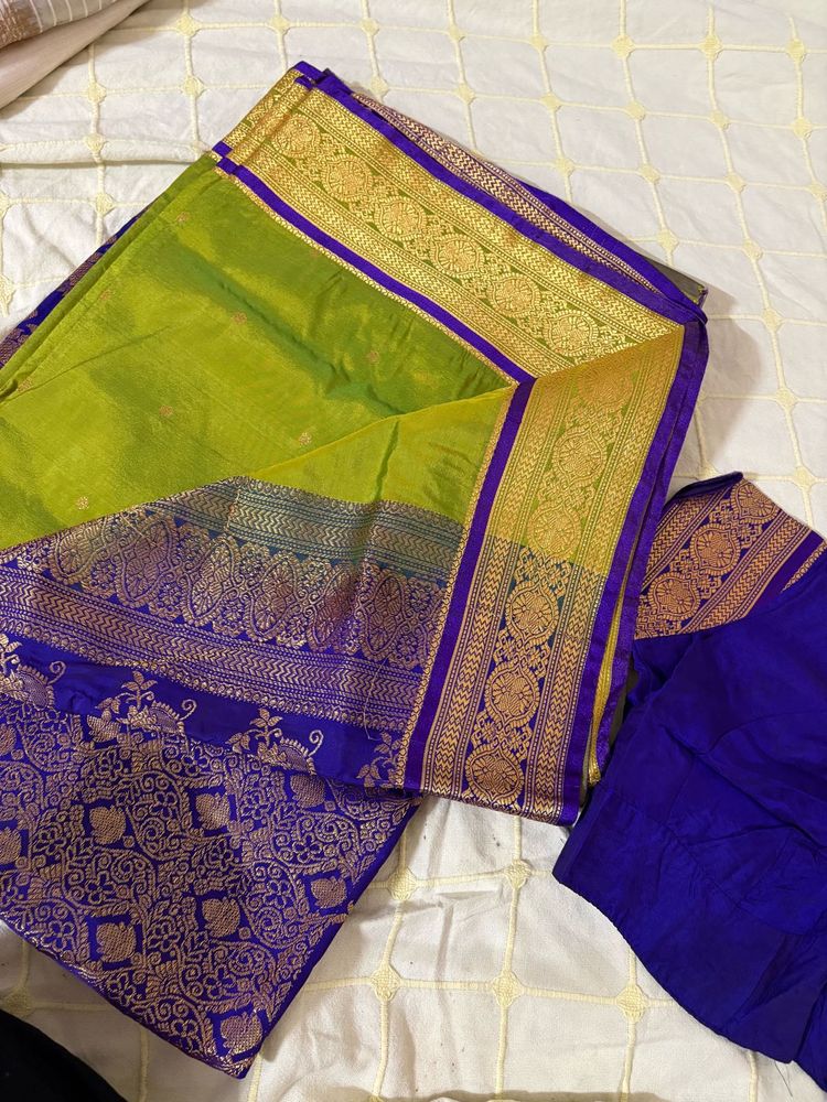 Vibrant Green &amp; Purple Silk Saree
