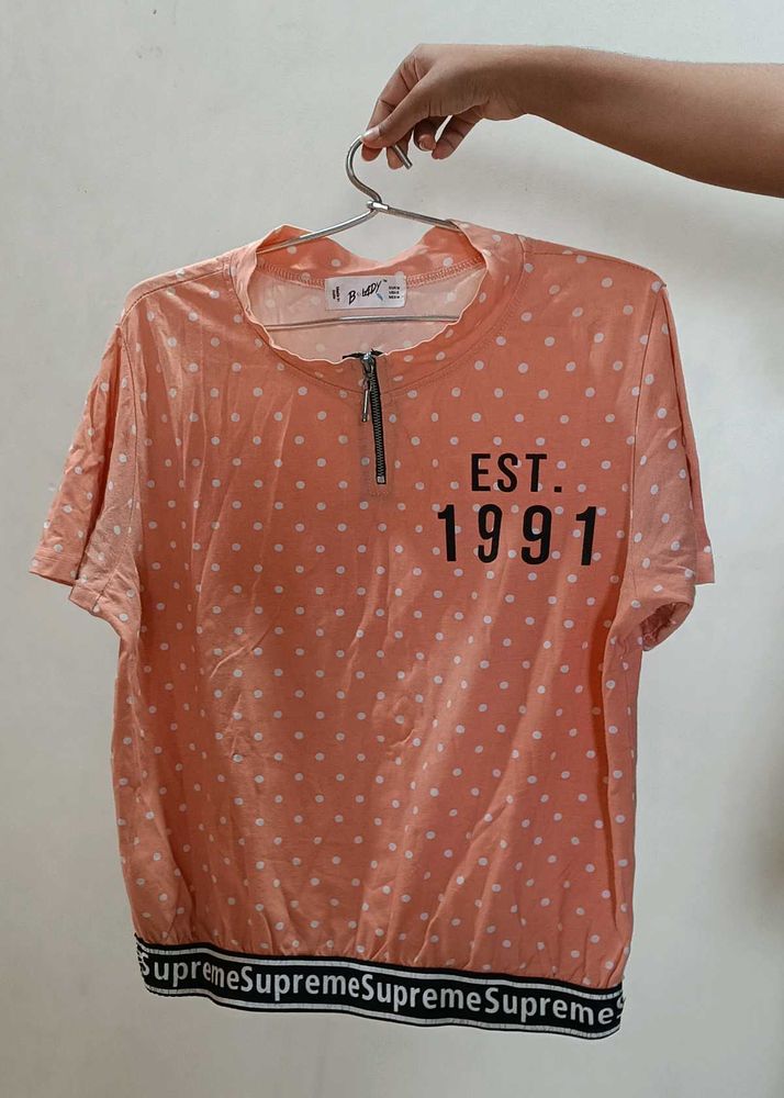 Peach Polka Dot Quarter Zip Top