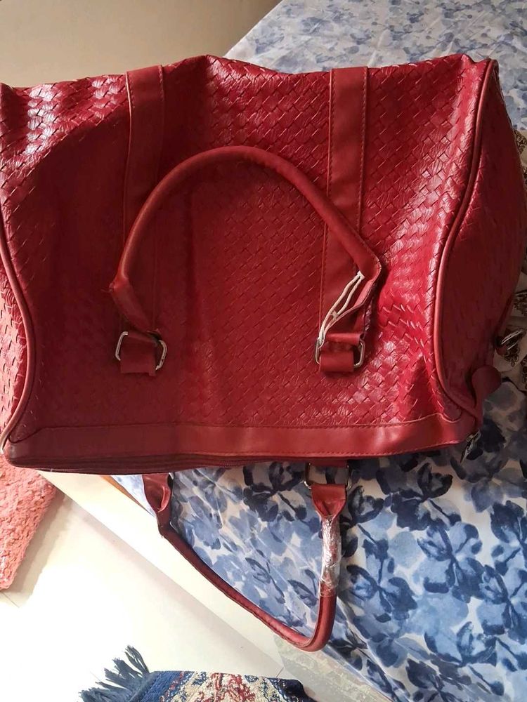 Chic Red Woven Travel Duffle Bag
