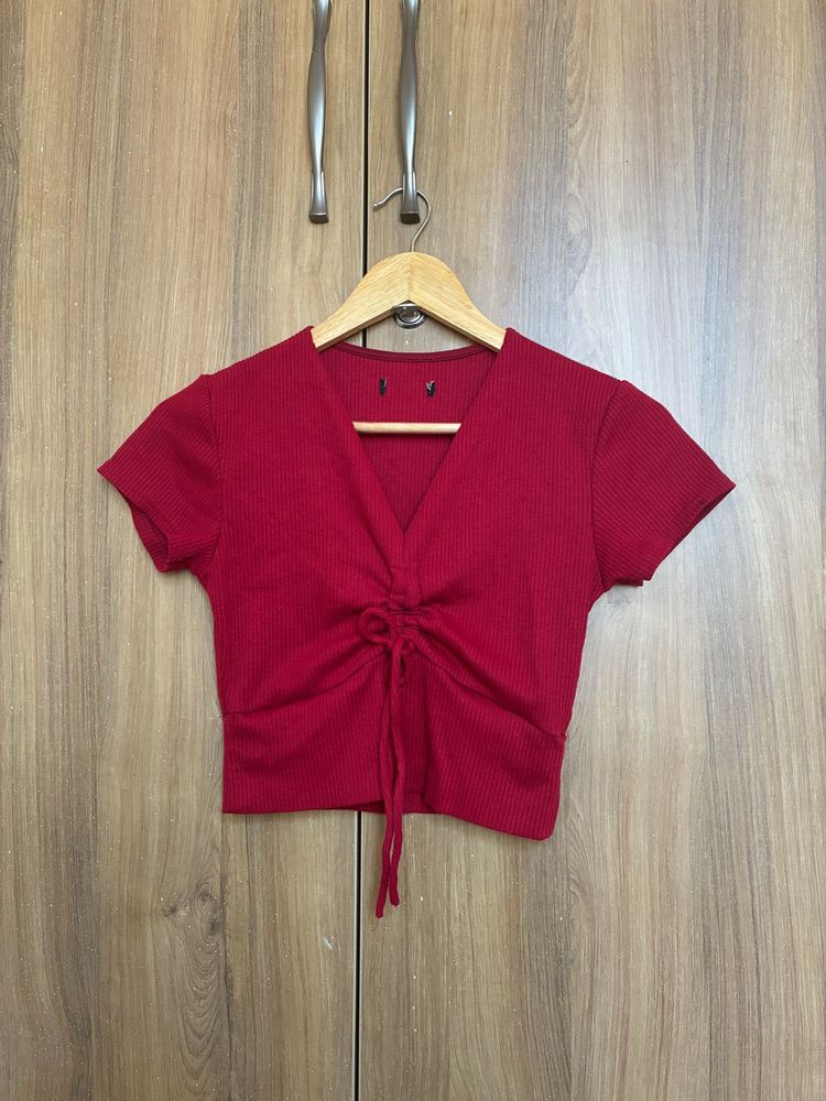 Ribbed Red Ruched Crop Top